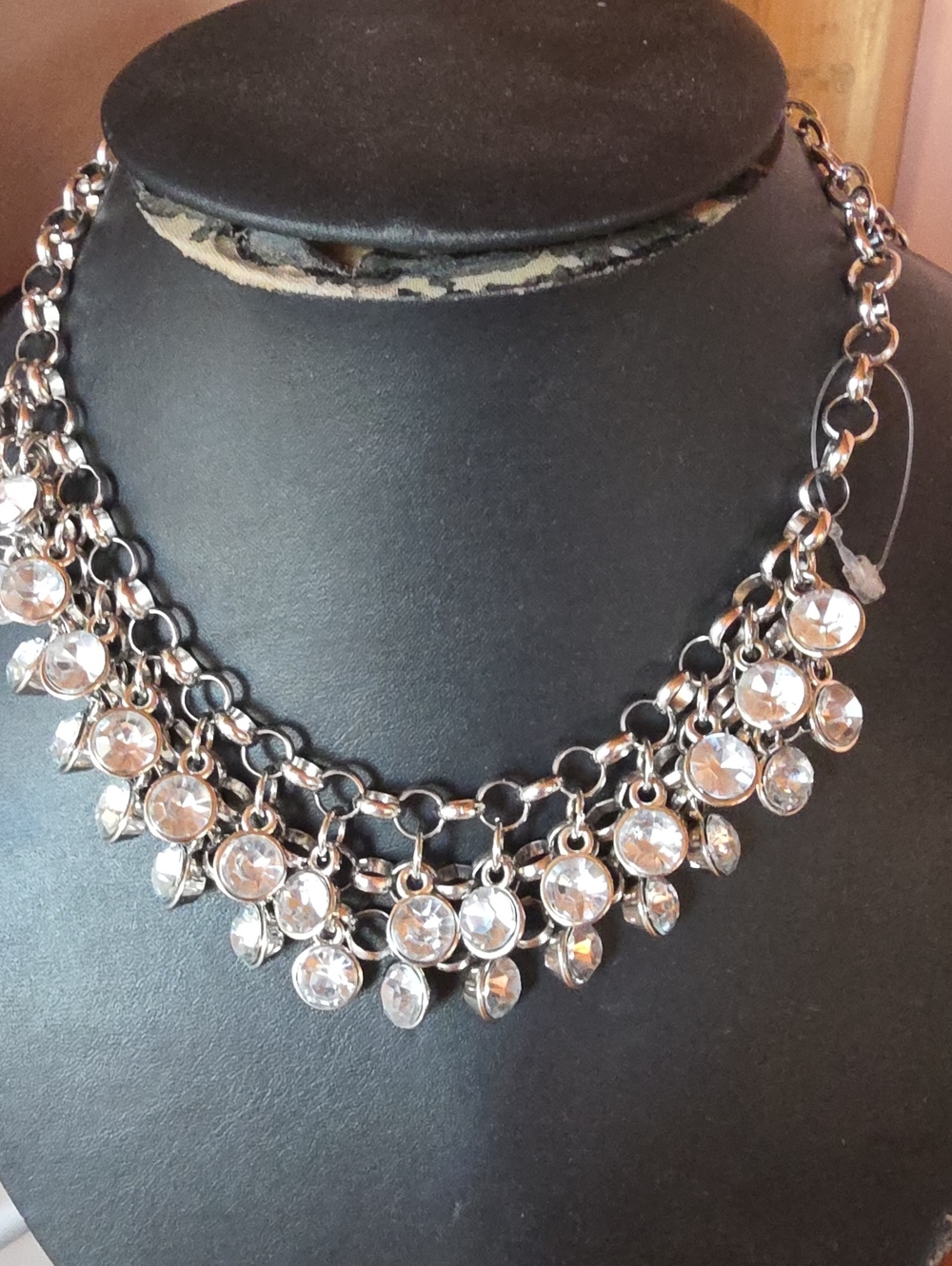 Crystal Dangle Statement Necklace - Silver Tone W Rhinestone In Bezel
